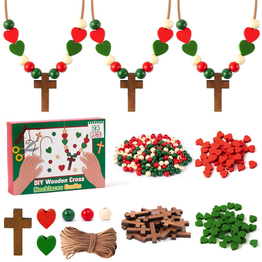 BeYumi Wooden Cross Necklace Craft - 24Pcs Christmas Wooden Cross Beads Necklace Craft Kit for Kids DIY Xmas Gift Christian Nativity Religious Jesus Decor Sunday School Classroom Party Fun Activities