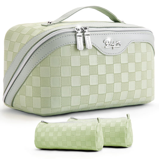 BOYATU Travel Makeup Bag Organizer: 3 Pcs Set Large Capacity Cosmetic Bags Holds 10–20 100ml Full-Size Bottles - 180°Open-Flat Make up Case 3-sec touch-up - Toiletry Bag Gift women (01-D-Green)