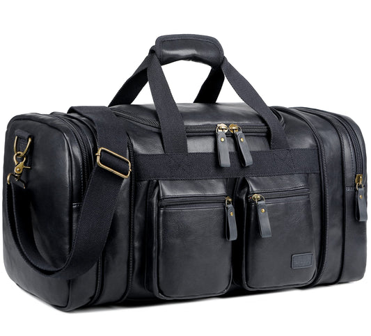 Vegan Leather Travel Duffel Weekender Bag Carry on Overnight Bag Sports Duffel bag For men and Women HB-21 (Black)