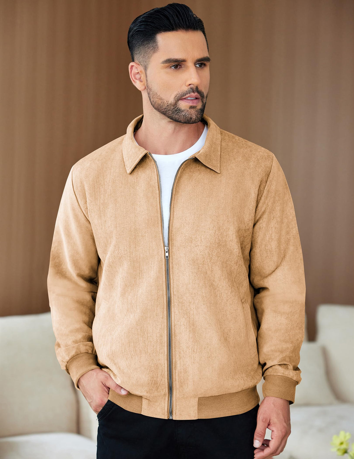 COOFANDY Mens Zip Up Suede Jacket Casual Stylish Leather Jacket Light Tan