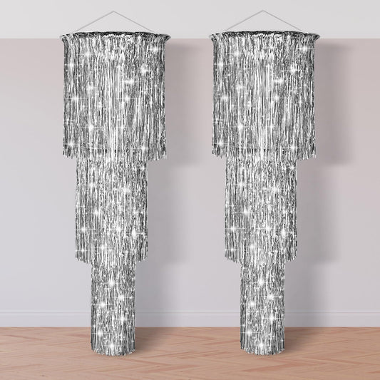 2 Pcs 3 Tier Metallic Tinsel Chandelier Shimmering Fringe Chandelier Decor Hanging Decoration Photo Booth Backdrop for Birthday Anniversary Wedding Party Supplies, 4 Ft(Silver)