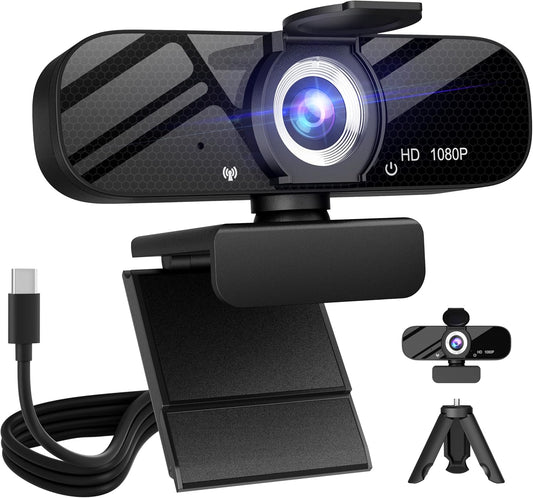 Tewiky 1080P Full HD Webcam with Built-in Microphone and Rotatable Tripod, Video and Wide Angle Camera, Privacy Cover