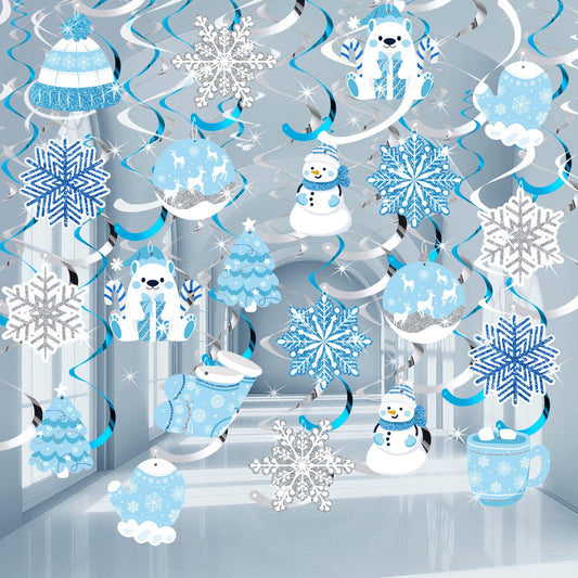 30Pcs Winter Wonderland Party Decorations Winter-Themed Hanging Swirls Snowflake Snowman Ceiling Hanging Streamers Ornaments for Xmas Wonderland Frozen New Year Birthday Party Supplies