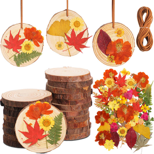 Maasechs 20 Set Spring DIY Wooden Crafts with Dried Pressed Flowers Leaves Unfinished Wood Slices Hanging Ornaments for Art Project Craft Wedding Home Decoration Gifts(Warm)