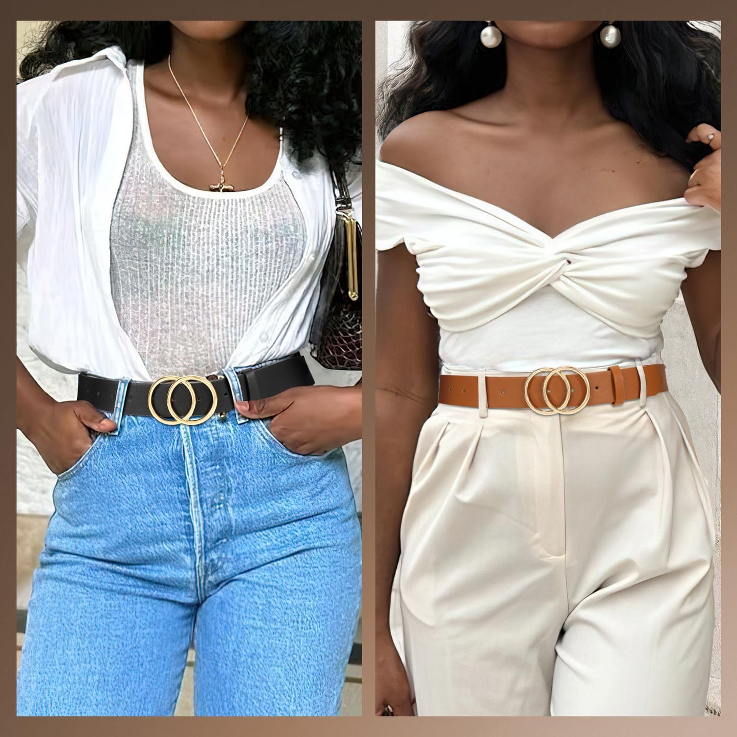 SANSTHS 2 Pack Women Leather Belts Faux Leather Jeans Belt with Double O Ring Buckle Black Brown S