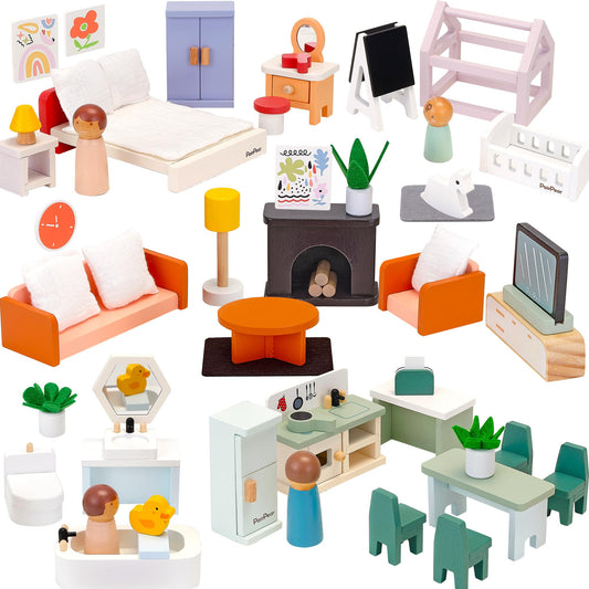 PairPear 56 Pcs Wooden Dollhouse Furniture with Family Dolls, Solid Wood Large Dollhouse Accessories for Toddlers 3 4 5 6, Pretend Play Furniture Toys Gift for Birthday and Christmas