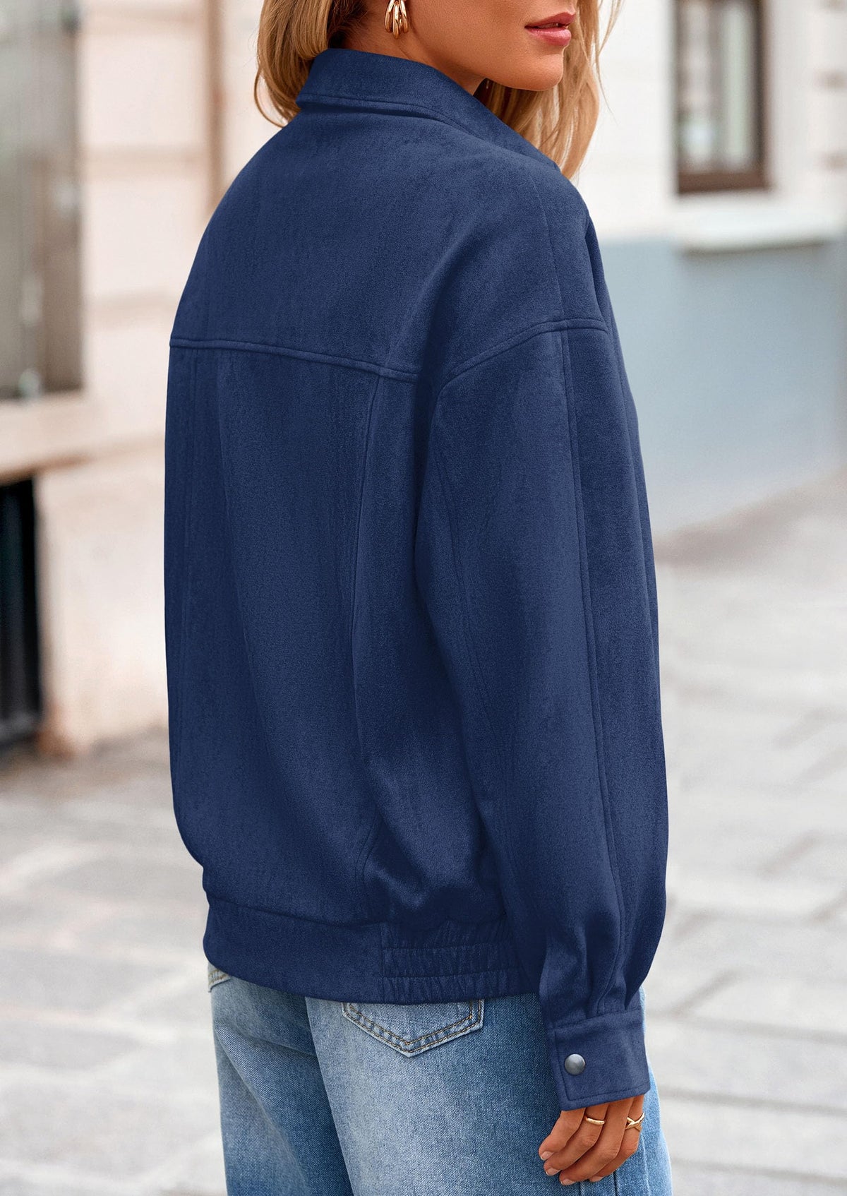 PRETTYGARDEN Faux Suede Bomber Jacket Women Fall Fashion 2026 Casual Zip Up Oversized Trendy Winter Clothing Outerwear Coats (Navy Blue,Small)