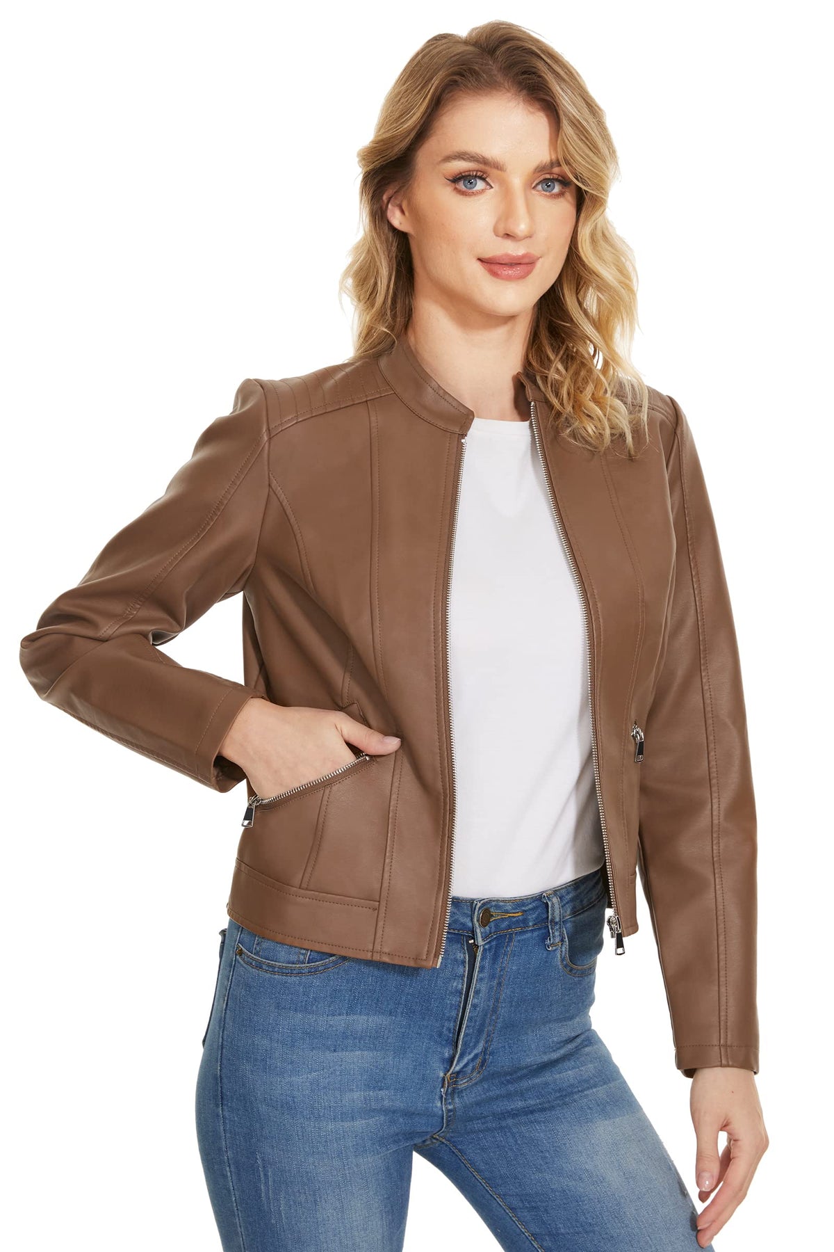 Fahsyee Women's Faux Leather Jackets, Camel Crop Petite Zip Up Motorcycle Short PU Moto Biker Outwear Stand Collar Fitted Slim Coat, Size L