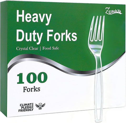 Zcaukya Disposable Plastic Forks Set - 100 Count Clear Heavy-Duty Utensils for Parties & Catering