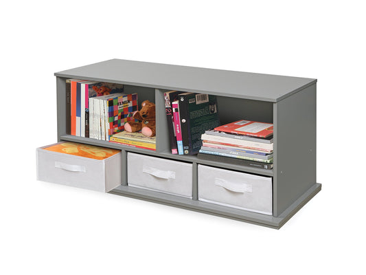 Badger Basket Stackable Toy Storage Organizer - 5-Shelf Modular Unit with 3 Removable Fabric Bins, Solid Panel Construction, Expandable Design for Toys and Crafts - Gray