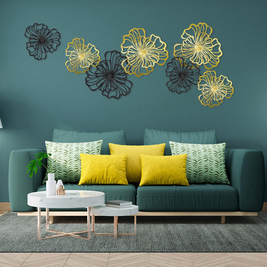 7 Piece Metal Wall Decor for Living Room, Boho Double Layered Iron Flower Wall Hanging Art, Aesthetic Indoor Metal Wall Sculpture Decor for Bedroom Kitchen Bathroom Farmhouse Home Office, Gold-Black