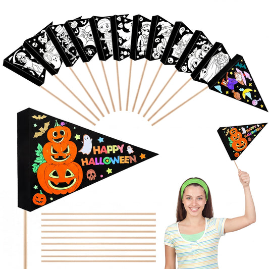 Humyoun 36 Packs Halloween Coloring Crafts Color Your Own Flag Pumpkin Witch Ghost Mummy Skeleton Craft Kits for Halloween Home DIY Activities Haunted House Party Favors