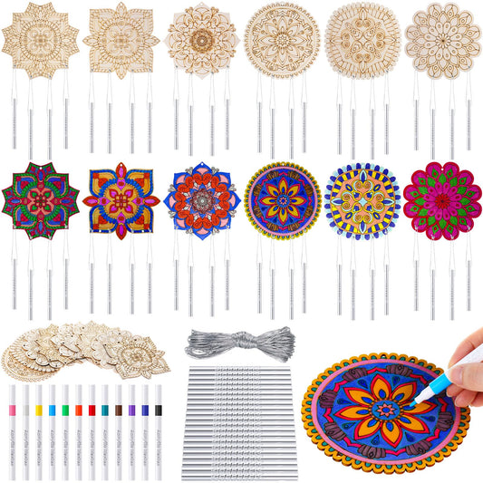 Potchen 18 Sets Wind Chimes Craft Art Kit for Adult Color Your Own Wind Chime DIY Unfinished Wood Hanging Ornaments Coloring Window Chime for Adult Gifts Home and Party Supplies