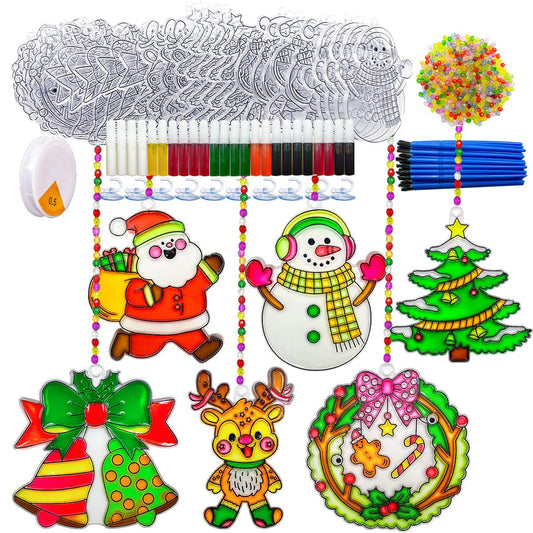AUEKIV Christmas Suncatcher Kit 30 Sets Christmas Sun Catcher Window Paint Art DIY Craft Kits Santa Snowman Snowflake Reindeer Suncatchers Decoration for Classroom Holiday Home Party Activity Project