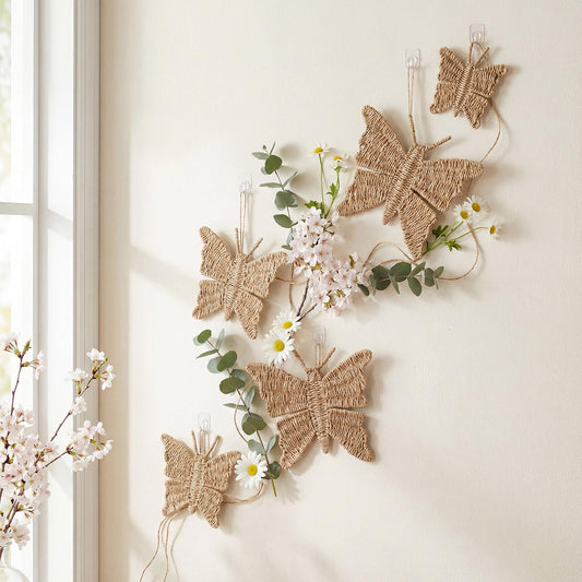 Cinnvoice 5 Pcs Spring Butterfly Wicker Wall Decor 3 Size Handmade Natural Rattan Decor Boho Wall Art Rustic Cottagecore Hanging Ornament for Bathroom Living Room Indoor Outdoor