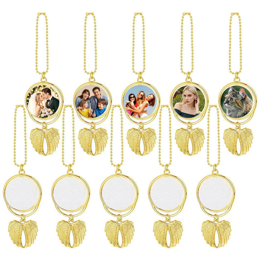 Framendino, 10 Pack Gold Angel Wings Car Hanging Ornaments Mirror Accessories Blank Personalized Heat Transfer Photo Frame Keychain for DIY Crafts