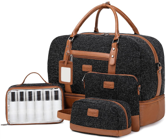 Wogarl 4PCS Weekender Bags for Women Large Overnight Bag Weekend Travel Duffel Bag Carry on Shoulder with Shoe Compartment Canvas Toiletry Bag for Travel Business Gym(Black)