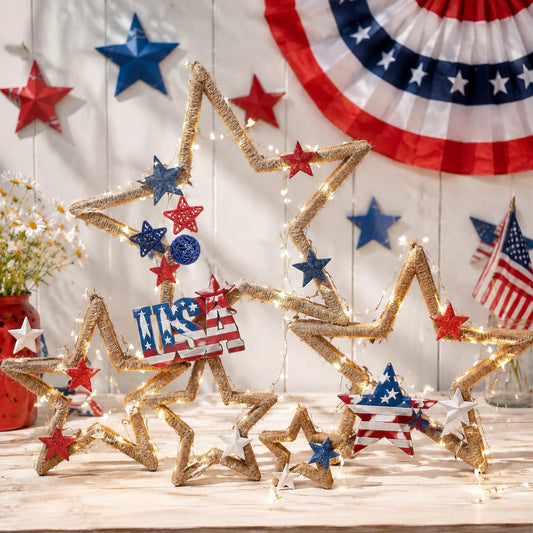 Vercraft 5 Pcs Lighted Wooden Stars Patriotic Star Table Centerpiece 4th of July Burlap Rope Tabletop Decor Signs for 250th Anniversary DIY Crafts Independence Day Memorial Day Party Office Home Shelf