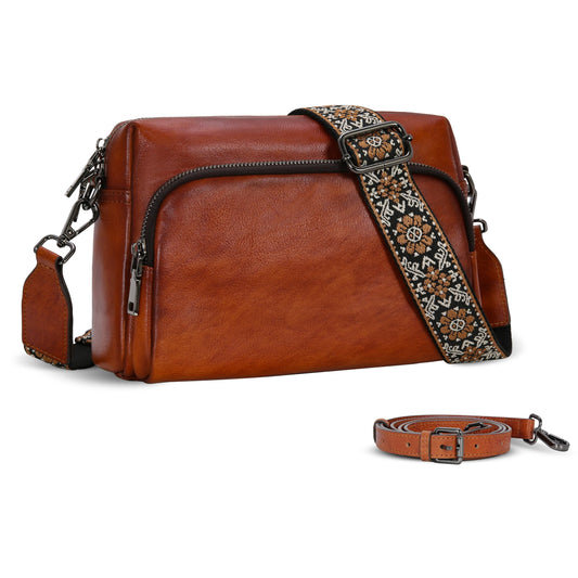 Iswee Genuine Leather Purses and Handbags for Women Crossbody Bags Small Fall Purse Travel Satchel Shoulder Handbag with Guitar Strap Pocketbooks Everyday Bag (Brown)