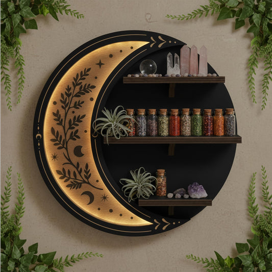 FNYDOX Wall Shelves for Bedroom, Crescent Moon Shelf with LED Light, Witchy Whimsical Celestial Room Decor Aesthetic, Wooden Floating Shelf for Trinket Knick Knack Crystal Rock Gem Essential Oils