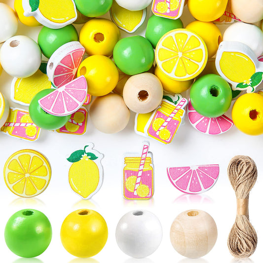 Chunful 160 Pcs Lemon Wooden Beads Bulk 16 mm Yellow and Green Lemon Shaped Beads Summer Fruit Natural Round Beads Lemonade Spacer Wood Beads with Rope for Making DIY Crafts Farmhouse Home Decor