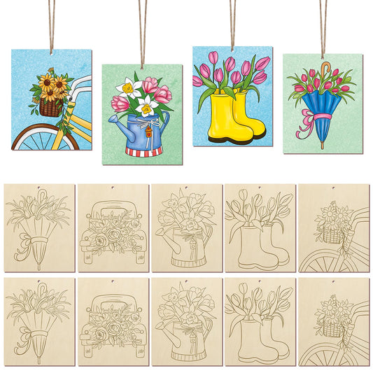 COCHIE 10 Pieces Large Spring Unfinished Wood Crafts to Paint for Adults, Bulk Predrilled Wooden Ornaments for Painting, Tulips Flowers Paintable Wood Slices Craft Supplies with Ropes