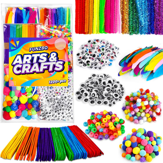 FUNZBO 1200pcs+ Craft Kits with Pipe Cleaners, Pom Poms for Crafts, Popsicle Sticks for Craft, Arts & Crafts Supplies for Kids Ages 4-8 Girls & Boys Birathday Gifts