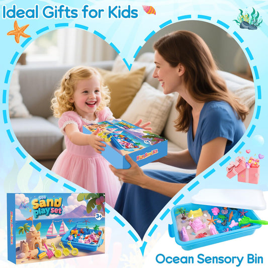 Mikiwon Ocean Sensory Bin, Sandbox Play Sand Art Kit with 3.3lbs Play Sand, Sea Animal Toys Molds, Sensory Play for Girls Boys Age 3 4 5 6 7 8, Beach Toys for Kids Xmas Birthday Gifts