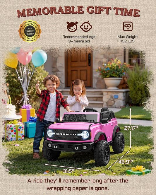 First Ride On 24V Ride on Toys for Big Kids, Licensed Ford Bronco Base 2 Seater Ride on Car with Remote Control, Girl Ride on Truck w/Seat Belts, 3 Speeds, Spring Suspension and Bluetooth (Pink)