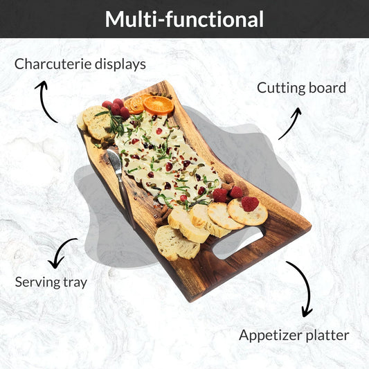 Acacia Charcuterie Board with Natural Live Edge & Round Handle - Wood Cheese Board - Decorative Wooden Serving & Cutting Board - Housewarming, Mothers Day, New Home & Wedding Gifts (18” x 8”)