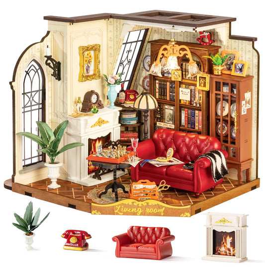 Rolife DIY Miniature House Kit Victorian Parlor 1:18 Scale Dollhouse Diorama, Tiny House Building Kit Antique Bookshelf Display Crafts for Adults Gift for Boys Girls (Catherine's Living Room)