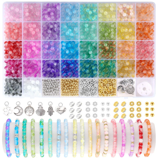 Funtopia 6mm Glass Beads Bracelet Making Kit, 1396pcs Gradient Glass Beads for Bracelets, 34 Colors Round Crystal Beads for Bracelets DIY Crafts with Spacer Beads and Charms
