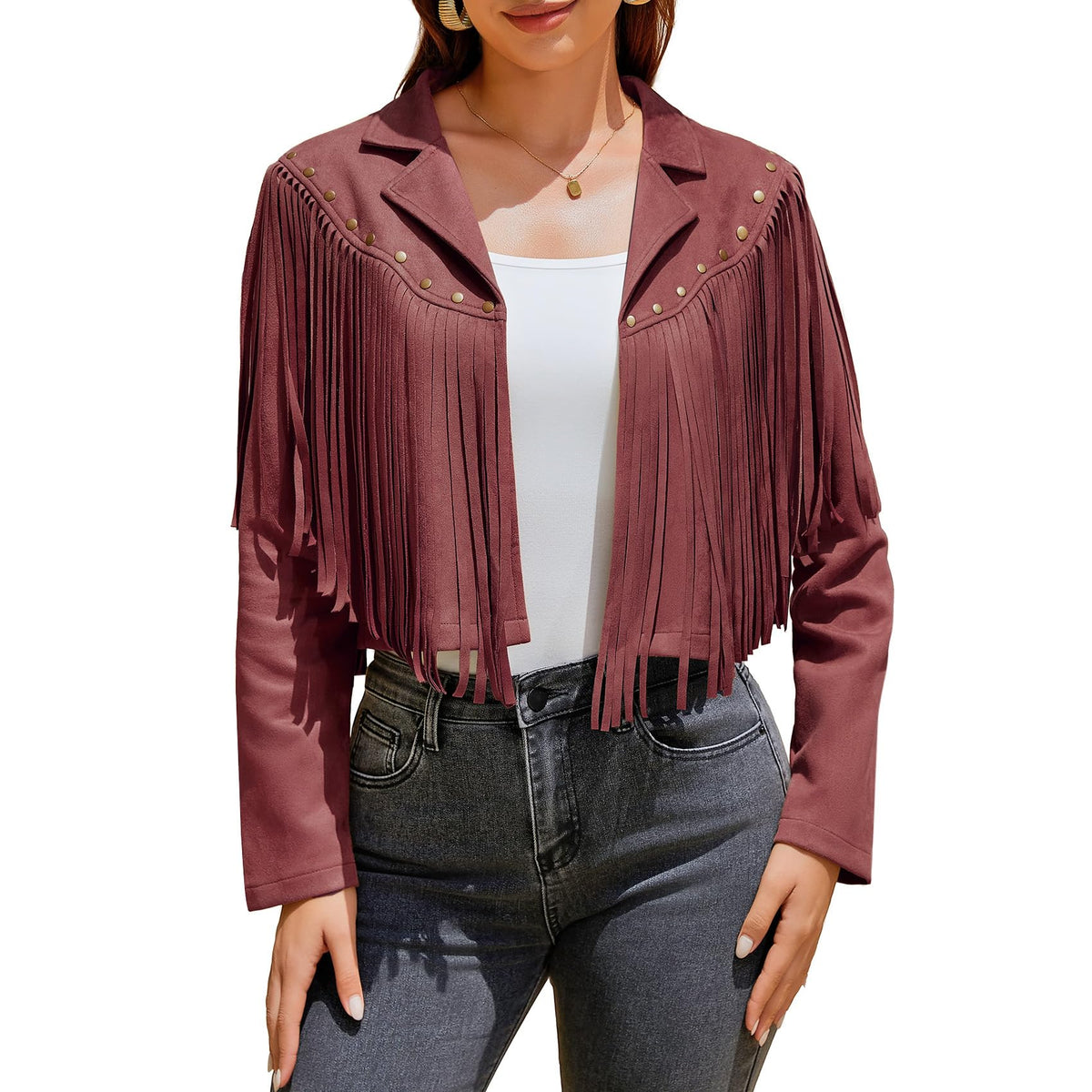 UpFind Women's Fringe Faux Suede Leather Jackets Fashion Fall Western Tassel Motorcycle Cropped Open Front Coats with Rivets, Wine Red/Large