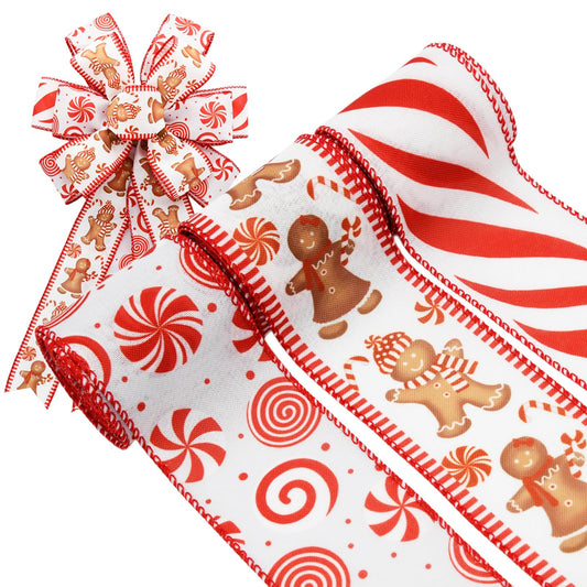 CRAFLOX Christmas Gingerbread Wired Ribbon for Wreath Bows, 3 Rolls, 2.5″ Wide, 15 Yards Total, Red Gingerbread Candy Wired Ribbon for Crafts Supplies, DIY Bows