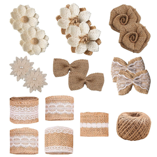 letsinstyle 30 Pcs Burlap Flowers Set, Include 6 Rolls Natural Jute Ribbons, 24pcs Flowers and Bowknots, 1 Burlap Twine String Rope for Crafts Big Bow Tree Ornaments Wreaths