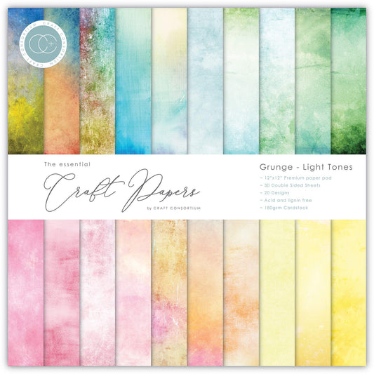 Craft Consortium Double-Sided Paper Pad 12"X12" 30/Pkg-Grunge-Light Tones, 20 Designs, Multi
