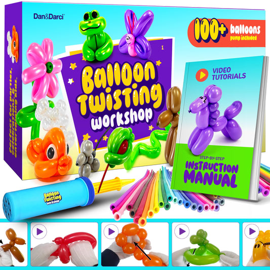 Dan&Darci Balloon Animal Twisting Kit with Pump for Kids - Boy & Girl Gift - Birthday Gifts for Girls and Boys - Arts and Crafts for Ages 8-12 - 6 7 8 9 10 11 12 Year Old - Animals Balloons
