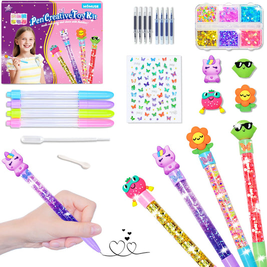 MOMUSE DIY Pen Making Kit, Fun Pen Creator Studio – Make You Own 4 Sparkly Glitter Pens, Creative Art and Craft Kits Toys for Kids Girls Tweens 6 7 8 9 10 11 12 Years Birthday Gift Present