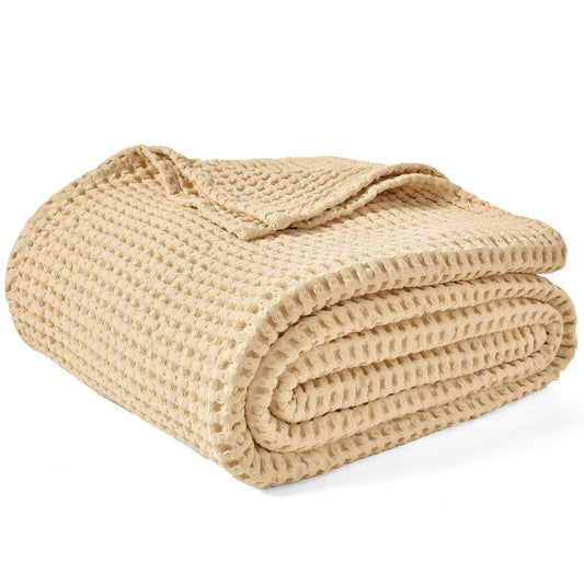 PHF 400GSM 100% Washed Cotton Waffle Weave Blanket, Cozy Breathable Skin-Friendly Throw King Size for All Season, Luxury Fall Layer Bedspread for Couch Bed Sofa, Elegant Home Decor,Beige,104"x90"