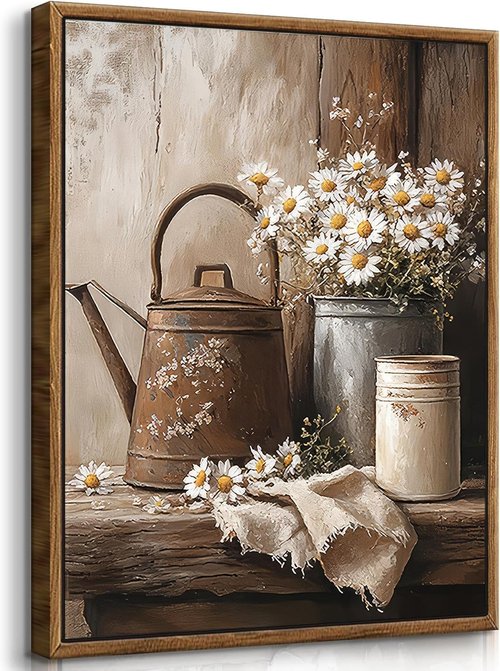 Framed Rustic Daisy Wall Art - Vintage Country Flower Painting for Farmhouse Decor | 16x24in