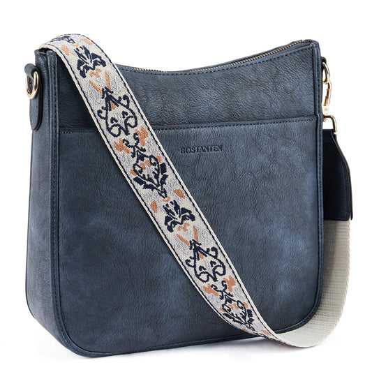 BOSTANTEN Crossbody Bags for Women Trendy Vegan Leather Hobo Purses Shoulder Handbags With Wide Shoulder Strap Navy Blue