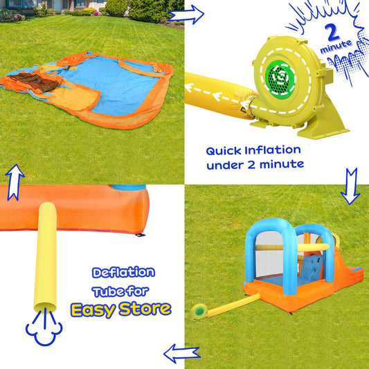 JOYMOR 5-in-1 Inflatable Water Slide Park, Water Bounce House w/Air Blower, Climbing Wall, Double Jump Area, Splash Pool, Water Cannon, Wet or Dry Combo Castle Outdoor Backyard Playhouse for Kids