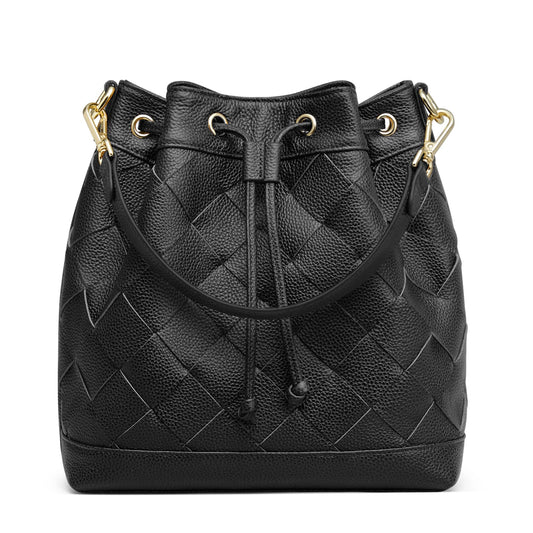 Kattee Woven Genuine Leather Bucket Bags for Women, Drawstring Crossbody Hobo Purses and Shoulder Handbags with 2 Detachable Straps, Black