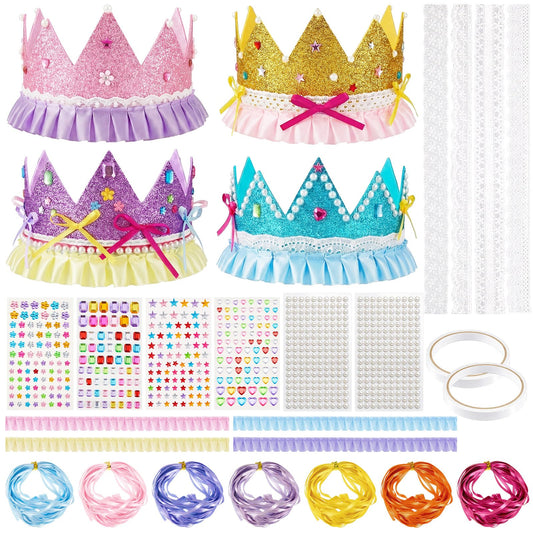 Dingion 8 Sets DIY EVA Princess Crowns with Cotton Lace Trim Satin Ruffle Ribbons Pearl and Jewel Stickers Macaron Color DIY Crown Set for Women Fancy Birthday Party and Craft Whimsical Decorations