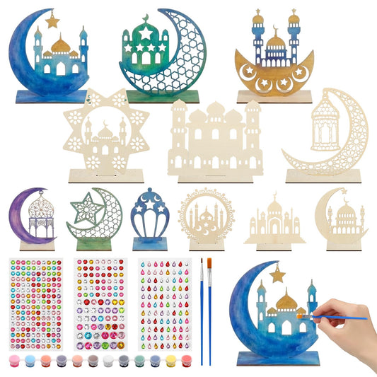 Burbell 12 Set Diwali Diya Crafts for DIY Color Your Own Wooden Crafts Diwali Table Decorations Unfinished Wood Cutouts with Gem Stickers Paint Kit for Indian Festival(Eid Mubarak)