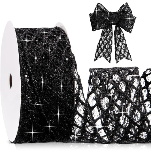 Geosar 20 Yards Black Glitter Mesh Wired Ribbon, Elegant Tulle Ribbon for Luxury Gift Wrapping, Wedding Decor, Graduation Party, Flower Bouquet & DIY Craft Supplies (2.5 Inch)