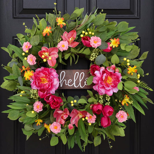 24" Spring Wreaths for Front Door with Hello Sign,Artificial Eucalyptus Wreath with Pink Penoy,Magnolia,Tulip,Berries,Greenery Summer Wreath for Front Door,Farmhouse,Porch,Wall,Window Outdoor Decor