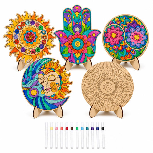 byvood 5 Pack Mandala Painting Set, Wooden Mandala Coloring Set with Markers, DIY Unfinished Wood Cutouts, Paint Your Own Wood Craft for Adults, Home Classroom Table Decor
