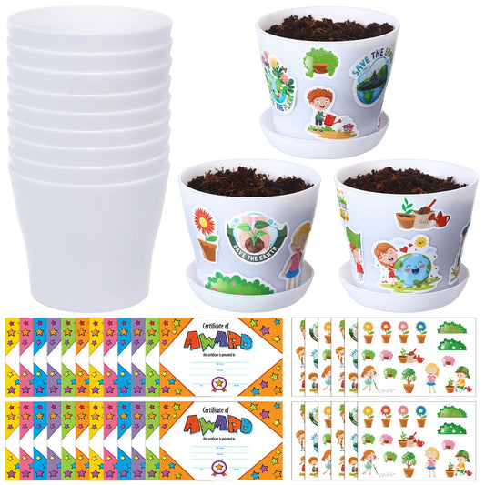 Domensi 30 Set DIY Plastic Pot Craft for Kids Bulk Earth Day Crafts 4 Inch Flower Pot Planters with Tray Drainage Holes with 458 Stickers 30 Cards for Spring Mother's Day Planting(White)