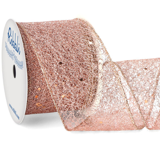Ribbli Rose Gold Glitter Wired Ribbon for Christmas Tree Fine Mesh Sparkling 2.5 Inch x 10 Yard Christmas Wired Ribbon for Gift Wrapping Crafts Wreath Supplies